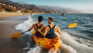 Gay couple riding kayaks purchased with tax free income